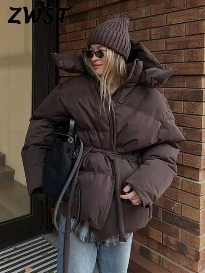 Women's Down Parkas Casual Thicken Cotton Jacket Women Loose Belt Hooded Zipper Warm Oversize Outwear Female 2026 Fashion Autumn Winter Outwear