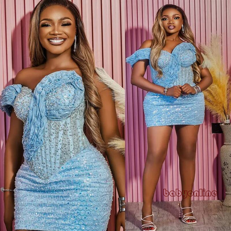 Plus Size Blue Cocktail For Women One Shoulder Mini Pearls Pleated Tassel Beaded Birthday Dress Short Prom Dresses C505