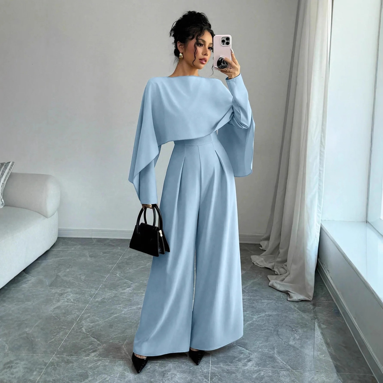 Women's Clothing 2026 Spring And Autumn Elegant Waistcinching Solid Color Longsleeve Roundneck Wideleg Jumpsuit 261015