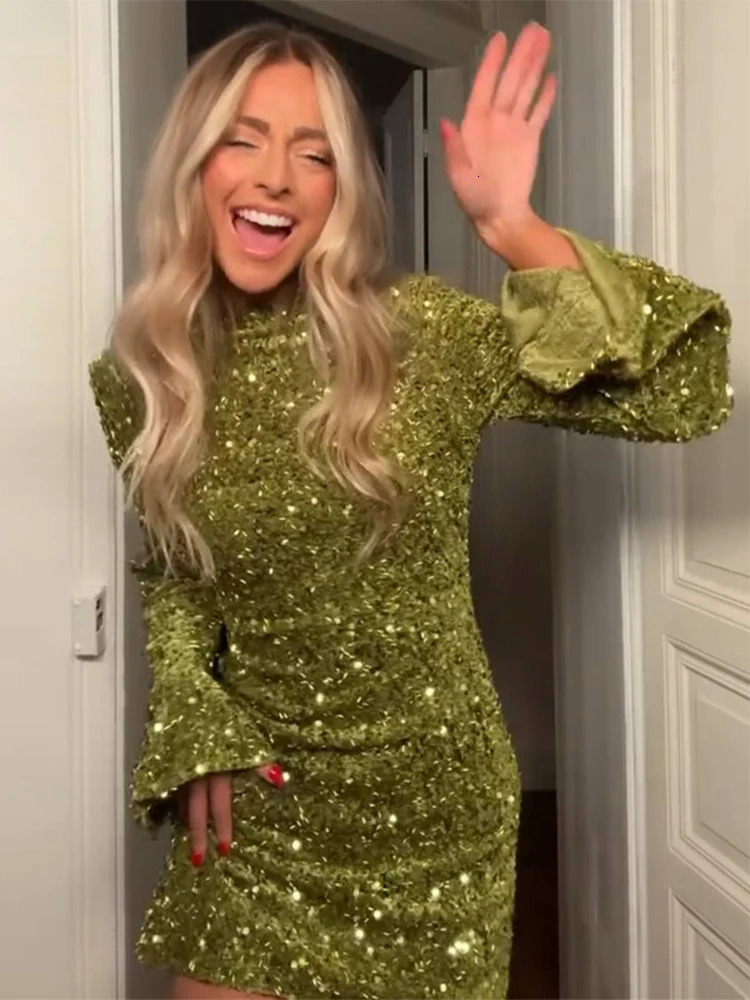 Green Sequined Women Mini Dress Bodycon Long Flare Sleeve Female Party Dresses Summer Autumn Lady Zipper Evening Gowns 261016