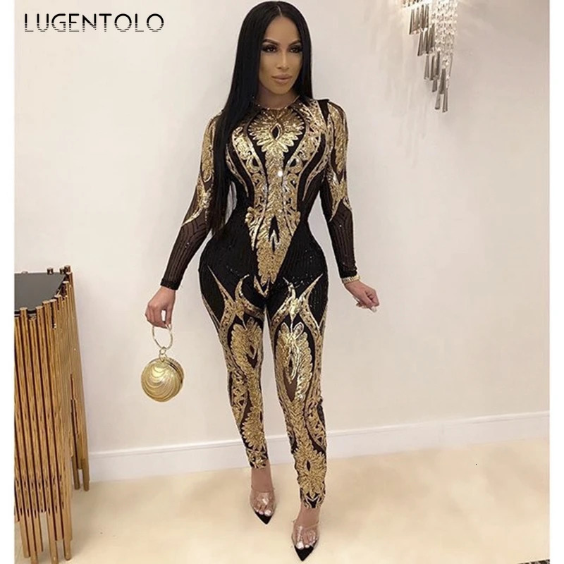 Sexy Gold Sequin Jumpsuit Women Bodycon Overalls Glitter Bandage Rompers Elegant Party Club lady Fashion Jumpsuits 261015