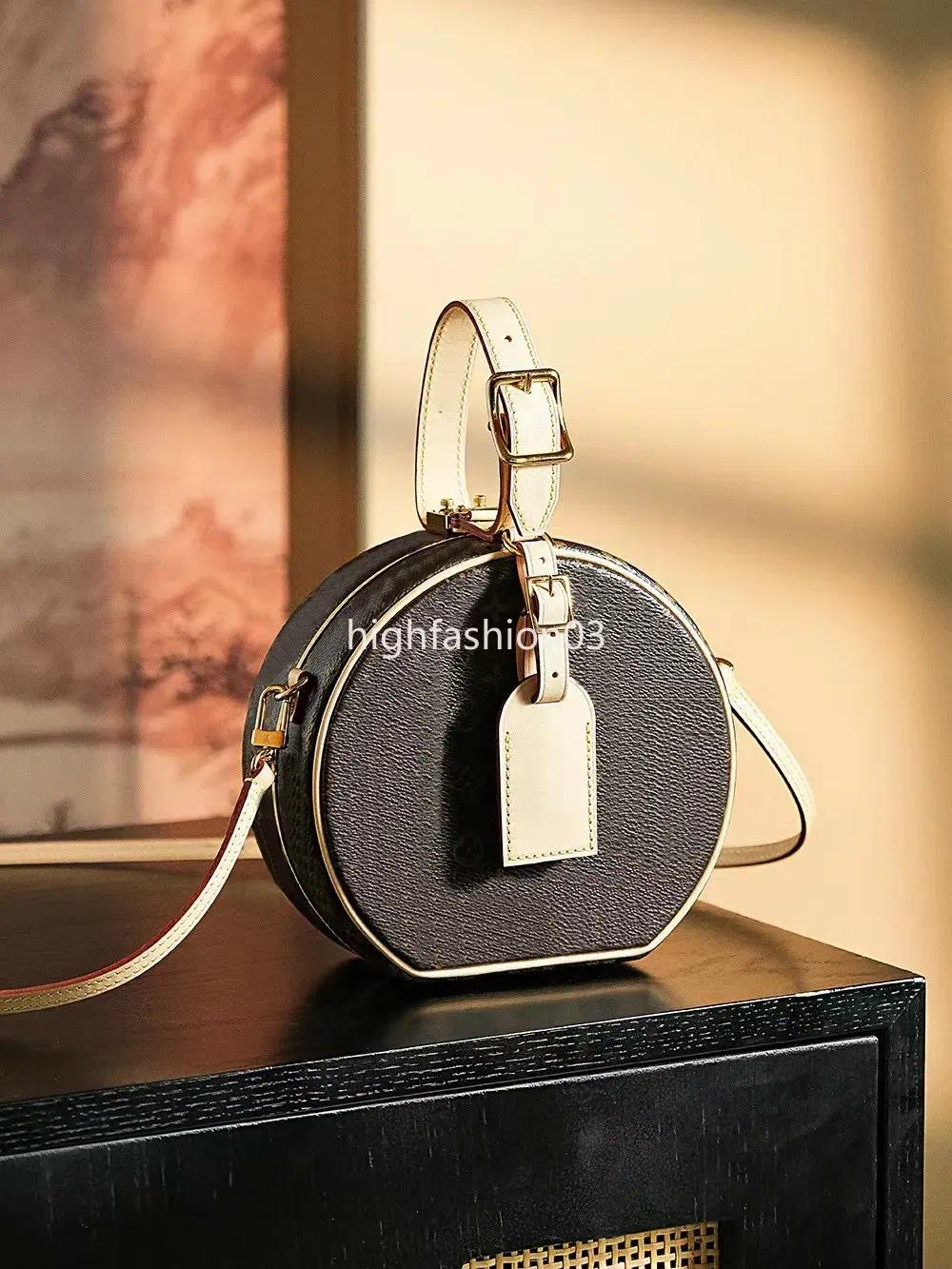 Top Quality Designer Petite Hatbox Evening Bags Brown Printing Canvas Dinner Clutch Bags Round Hard Bun Handbags Gold Hardware Zipper Lambskin Linin