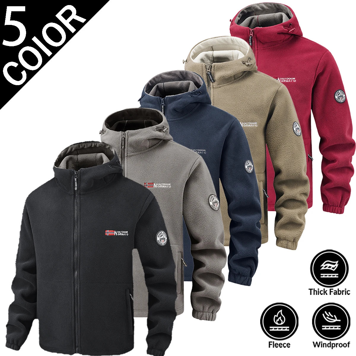 2026 Winter Men Polar Fleece Hooded Jacket Full Zip Warm Outdoor Casual Coat With Embroidery 261016