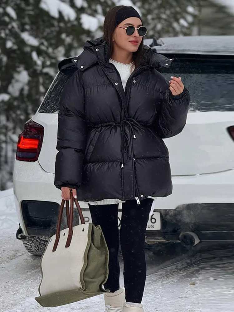 Women's Down Parkas Women's Winter Jacket Hooded Drawstring Zipper Stand-Up Collar Lace Up Winter Jacket Female Loose Casual Chic Jackets