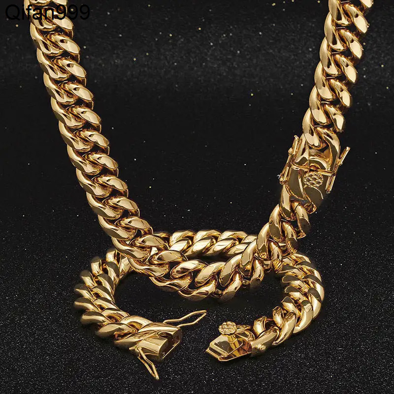 Mens Heavy Miami Cuban Link Chain Choker 18k Gold Plated Hip Hop Thick Stainless Steel 8mm-14mm Necklace/Bracelet