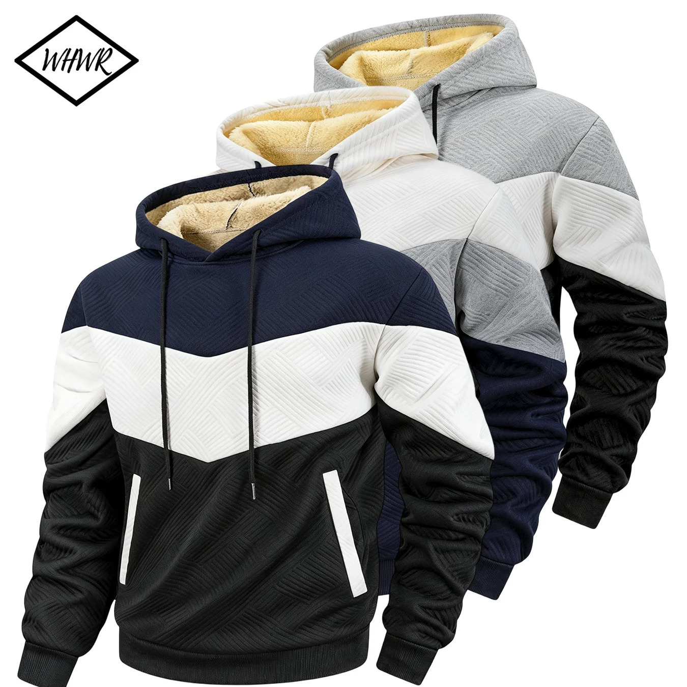 Mens Hooded Pullover Sweatshirt Sherpa Lined Chevron Colorblock Winter Warm Fleece Hoodie Zipper Pockets Casual Daily Wear 261016