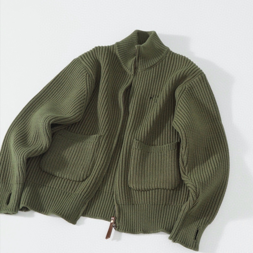 Heavyweight Five-Stripe Knit Blend Chunky Sweater Jacket, Manual Stitching Leather Zipper Pull Unisex Autumn Winter Cardigan for Men and Wome