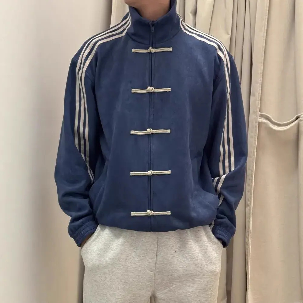 Men Short Jacket Luxury Fashion Men's Corduroy outerwear Traditional Chinese Knot Jacket Stand Collar Striped Sleeve Zip Up Coat Cropped