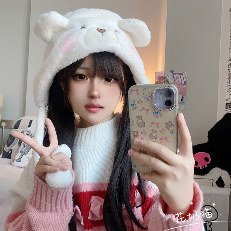 Japanese-style cute blush-colored teddy bear sherpa fleece women's winter warm and versatile cycling windproof ear-covering hat, trendy