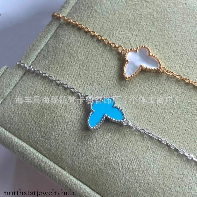 Designer Jewelry vanly Necklace Plated with 18K Gold, Small Mini White Mother-of-Pearl Blue Agate Butterfly Bracelet for Women