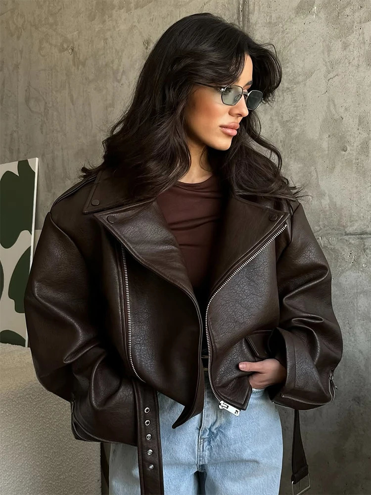 Women Chic Brown Leather Jacket With Belt Chic Full Sleeve Laple Zipper Short Coats 2026 Autumn Ladies Street Biker Jackets 261016