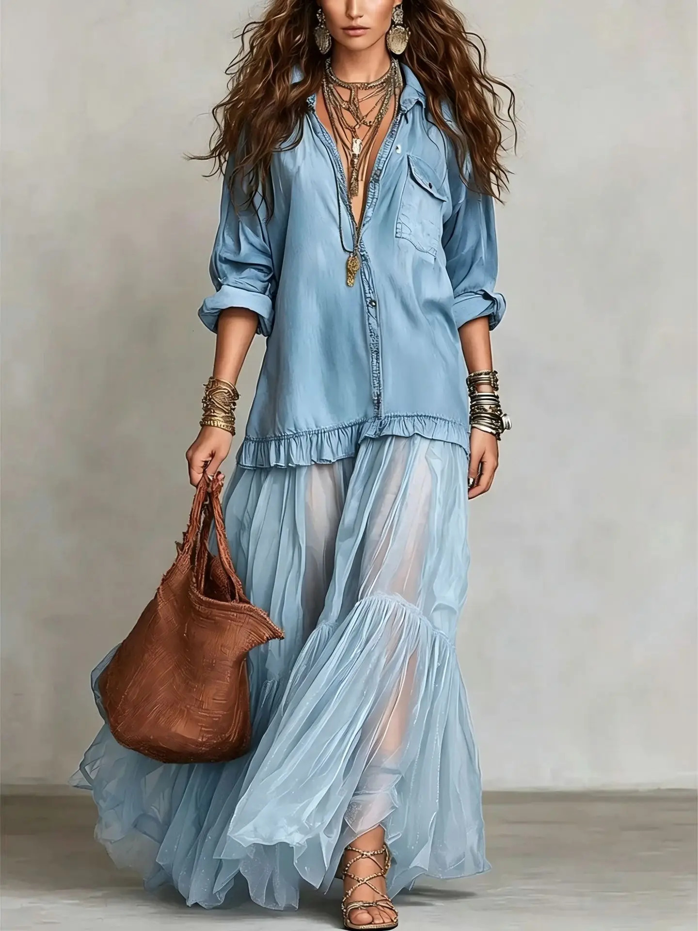 Women's Denim Maxi Dress Mesh Splice Long Sleeve Turn Down Collar Single-breasted Belted Organza Hem Casual Elegant Shirt Dress 261015