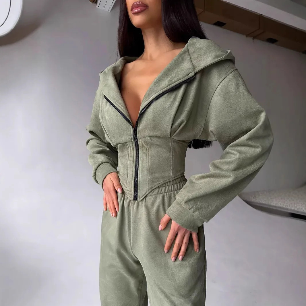 Autumn 2 Piece Sets Women Outfits Elegant Zipper Solid Color Hooded Slim Bodysuit Casual Sports Style Trousers Womens Clothing 261016