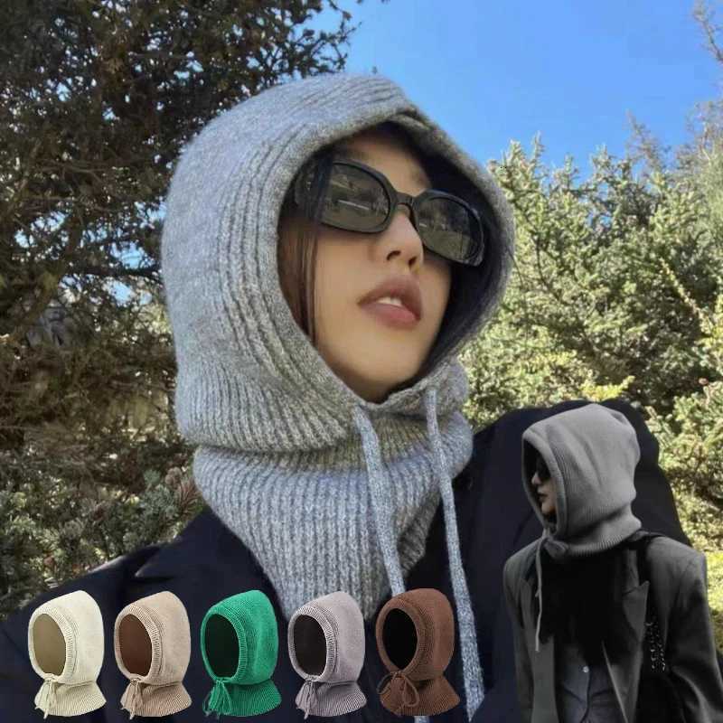 Beanie/Skull Caps Knitted Hooded Caps Winter Balaclava Women Hat Korean Style Outdoor Warmer Drawstring Hats One-piece Neck Collar Women Head Hood Q