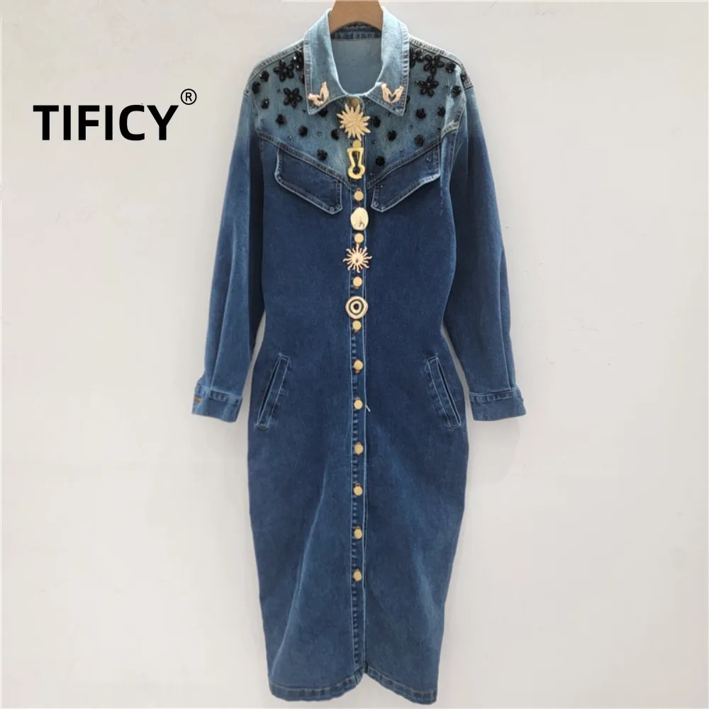High Street Nail Bead Sequin Flower Lapel Single Breasted Dres's Waist Cinching Slimming Denim Jumpsuit Long Dresses 261015