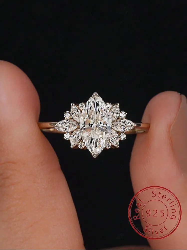 925 Sterling Silver Fashion Golden Marquise Series Zircon Ring For Women Engagement Wedding Simple High Quality Fine Jewelry 261017