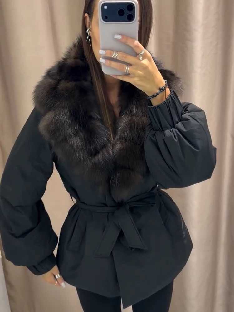 Women's Down Parkas Women Faux Fur Collar Hooded Padded Jacket Belted Waist Short Winter Coat Warm Elegant Ladies Street OuterwearT261017