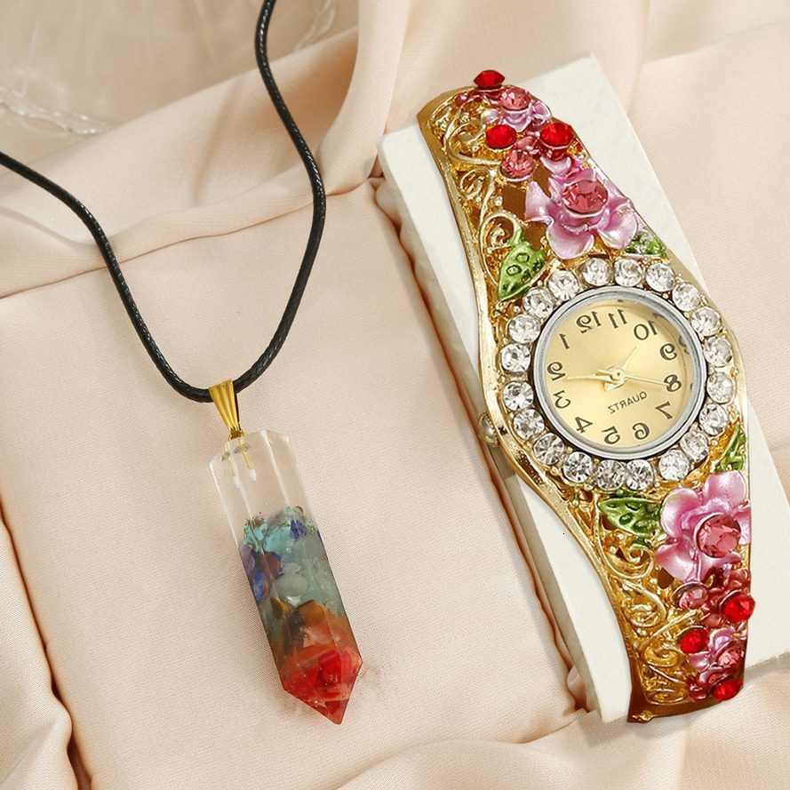 2 Wish Hot-Selling Vintage Fashion quartz Cloisonn 3D Floral Prosperity Women's Bracelet Quartz And Gravel Ladies Pendant ljh654