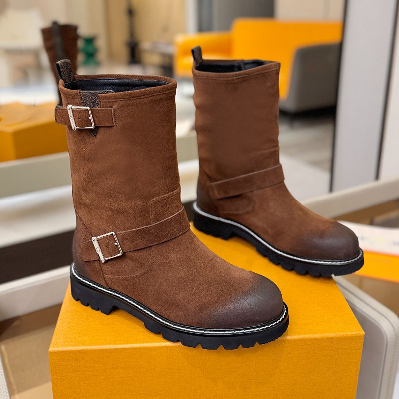 Women Chunky Heels Ankle Boots Designer Cowhide Suede Outdoor Leisure Shoes With Dust Bags Slip On Casual Shoes Lady Luxury Western Snow Boot Rubber