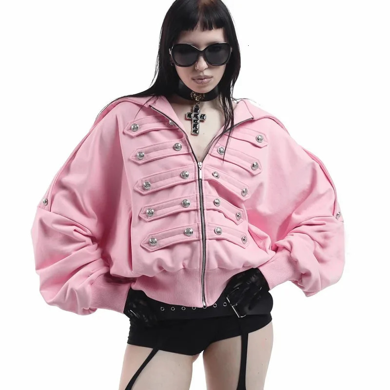 Y2K Vintage Long Sleeve Loose Rivet Decor Zipper Jacket Women High Street Punk Harajuku Outerwears Unisex Warm Hoodie Coat 261016
