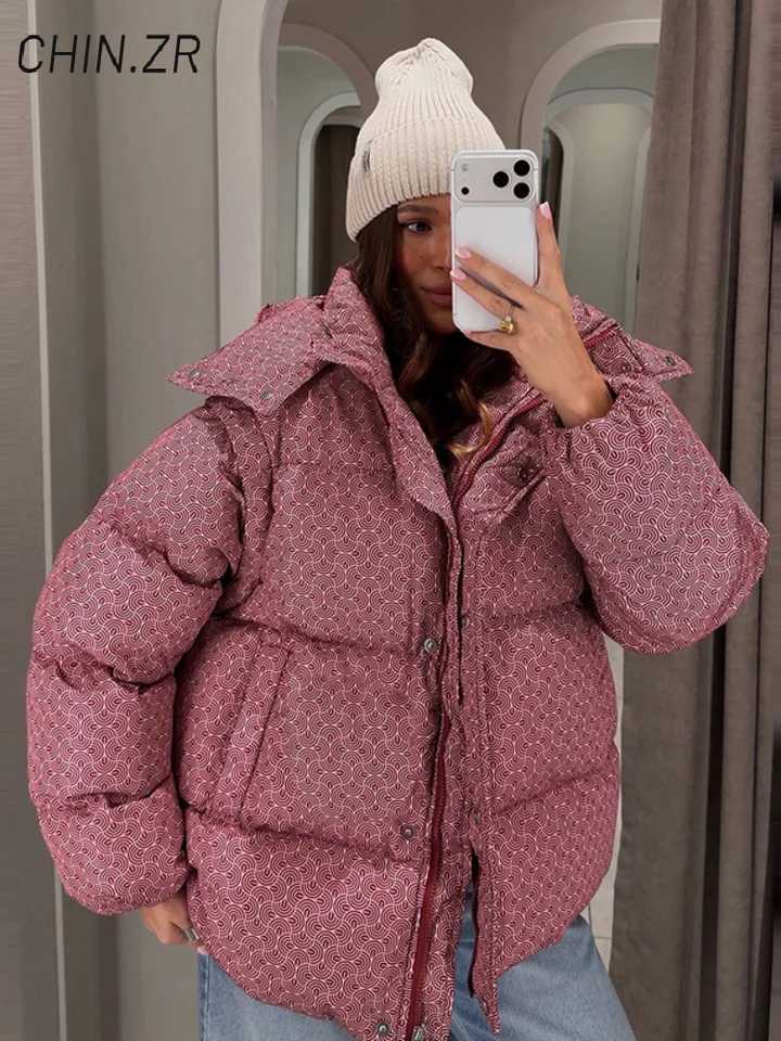 Women's Down Parkas Fashion Women's Printed Hooded Winter Cotton Padded Coat Loose Detachable Sleeve Zipper Buttons Coats 2026 Lady Warm D