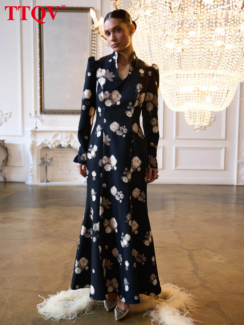 2026 Fashion Loose Print Women Spring Stand Collar Long Sleeve Ankle Length Dresses Elegant Classic Pleated Female Dress