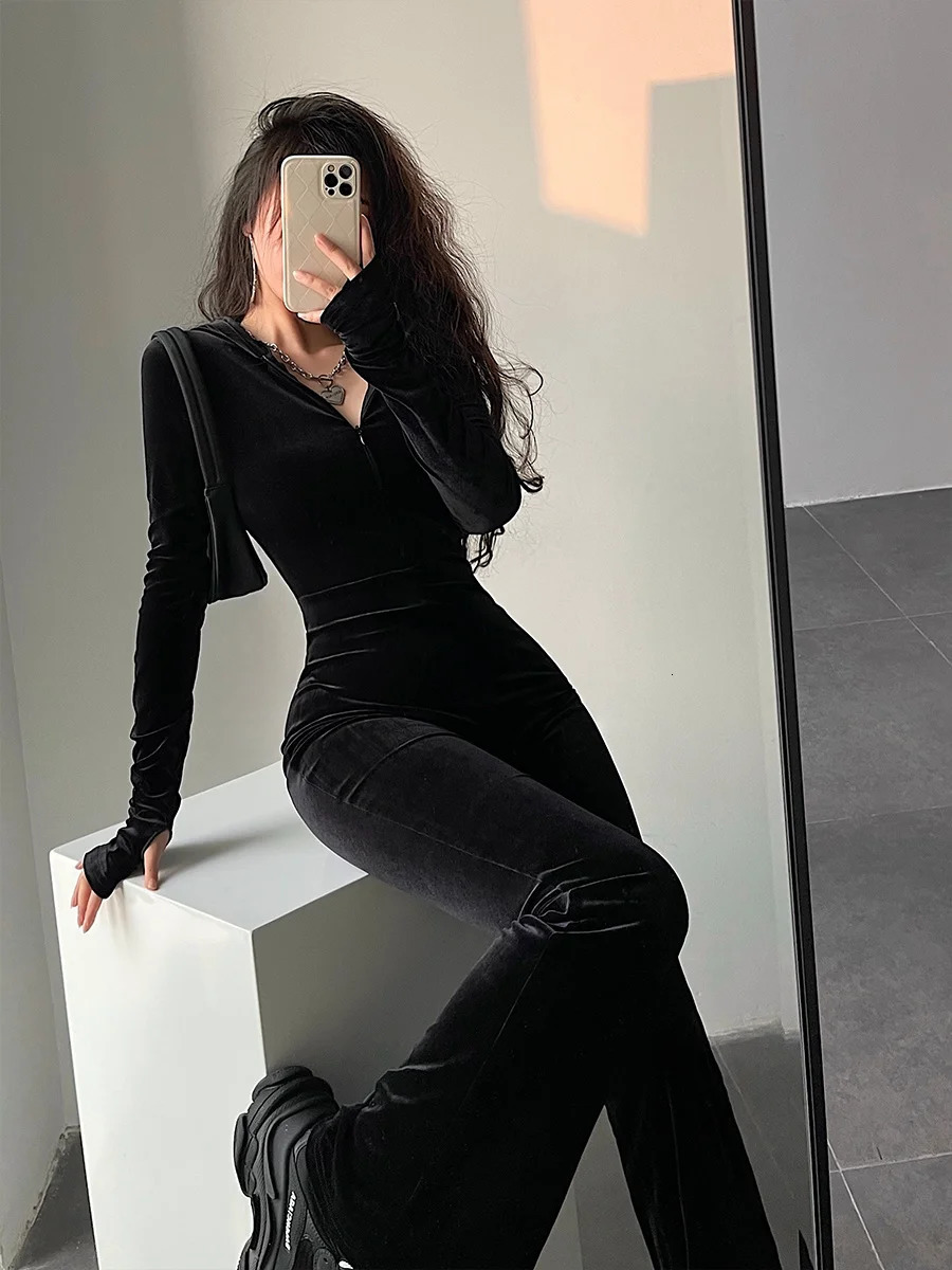 WOMENGAGA Fashion Black Velvet Slim Hooded Zipper Long Sleeve Flare Pants Jumpsuit Rompers Korean Sexy Tops 9P64 261016