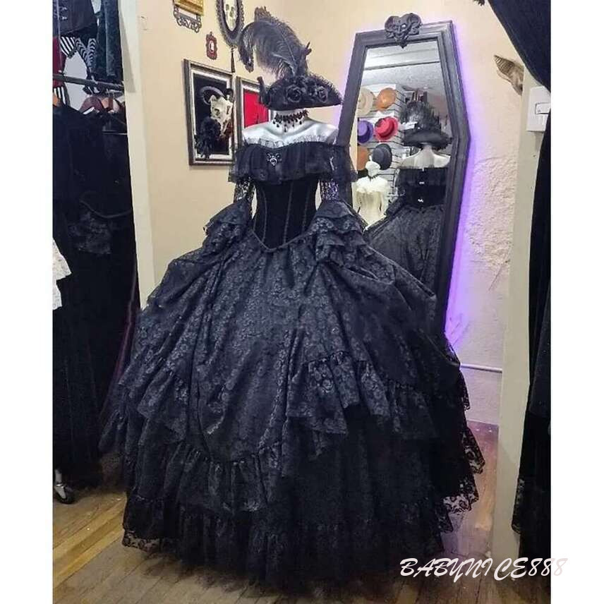 Vintage Black Lace Evening Dresses Sheer Long Sleeves Off Shoulder Floor Length Victorian Masquerade Prom Dress Gothic Party Gowns For Women