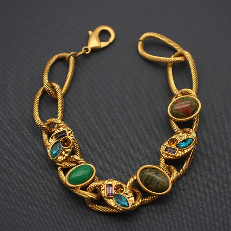 luxury Vintage jewelry, real gold-plated colorful gemstone bracelets, direct supply from Qingdao factory, vintage style, light niche