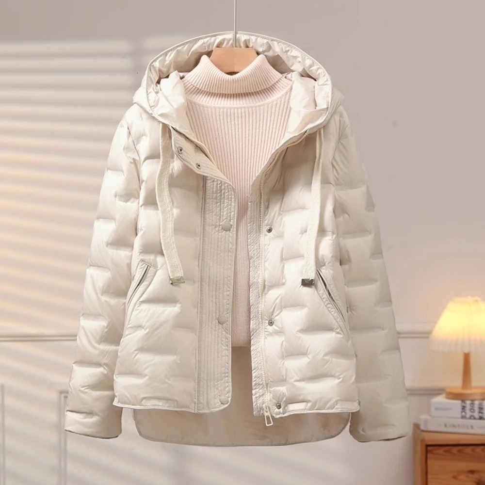 Autumn Winter Women's Puffer Jacket Short Hooded Thickened White Duck Down Coat Slim Fit Fashion Casual Warm Outerwear 261015