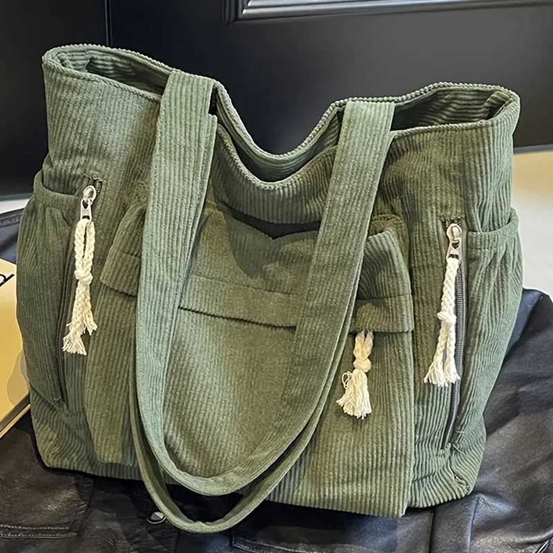 Evening Bags Women'S Large Capacity Corduroy Tote Bag Heavy-Duty Multi-Compartment Handbag Shoulder Bag with Fixed Strap Zipper Closure H261016