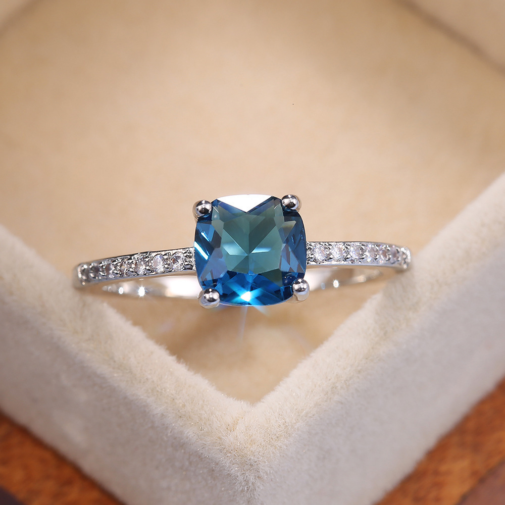 Cross-Border Hot-Selling Jewelry Micro-Paved Zircon Sapphire Square Diamond For Women European And American Simple Engagement Ring