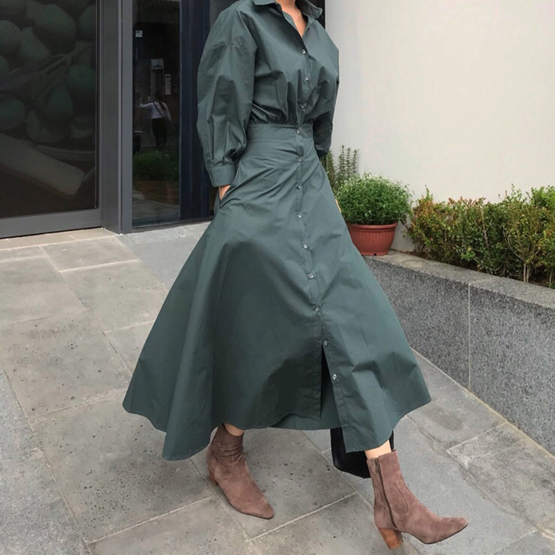 MEXZT Vintage Long Dress Women Elegant Puff Sleeve Shirt Dresses Streetwear Korean Ladies Single Breasted Casual Chic Vestidos