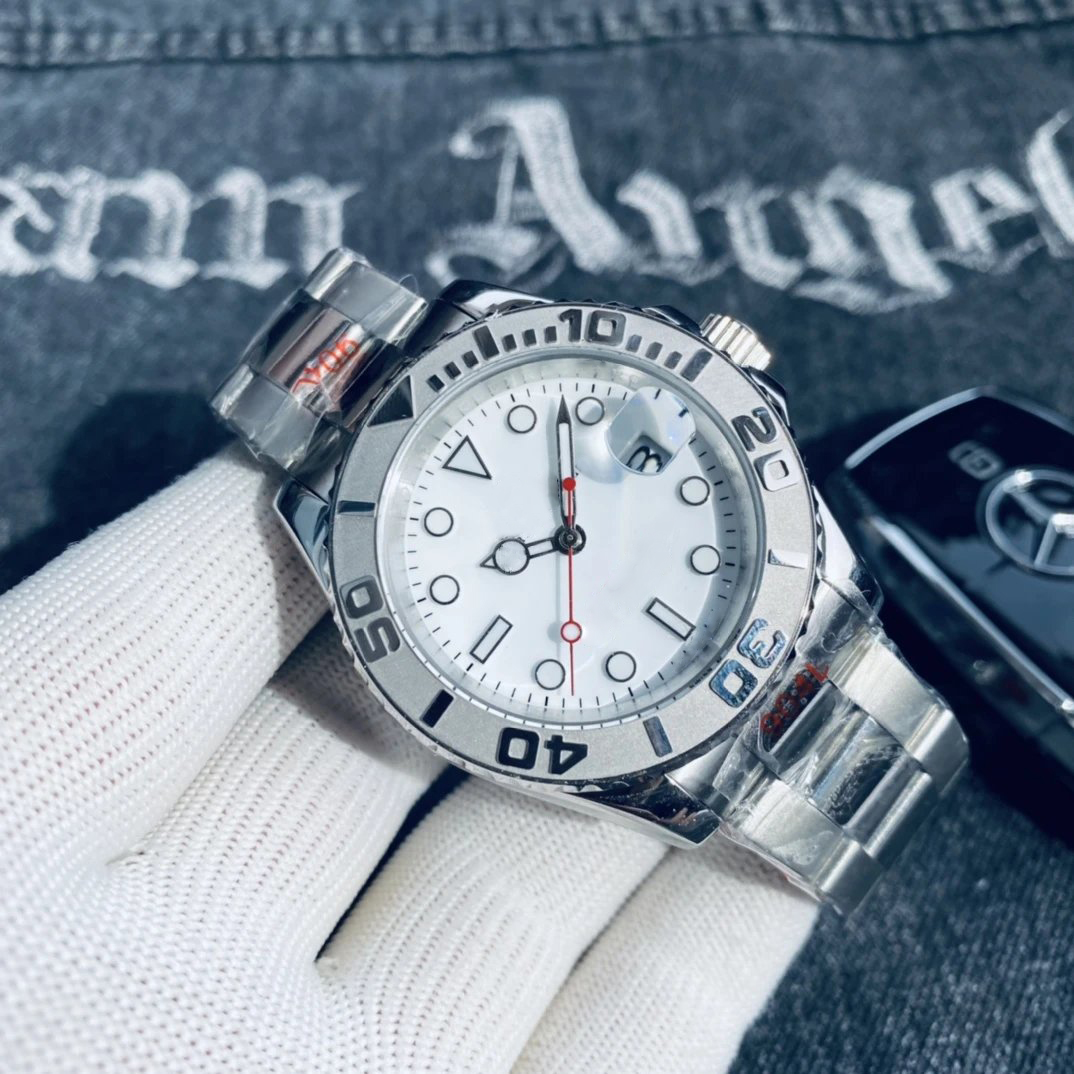 Yacht Mastes Designer Mens Watch 40mm Sapphire Coated Dial Silver Stainless Steel Folding Buckle Strap Red Needle Men's Sportswear Watches