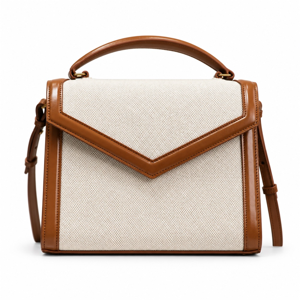 Structured Top Handle Satchel Bag Leather Linen V Flap Turn Lock Crossbody Elegant Work Style Top-Tier Designer Bag
