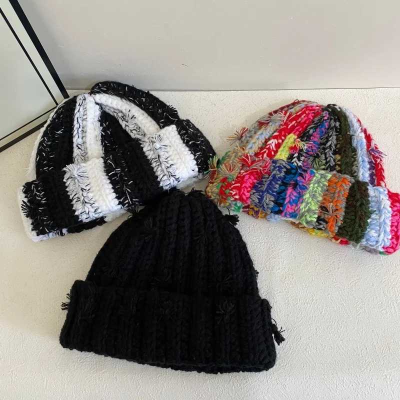 Beanie/Skull Caps Japanese Hand-crocheted Colored Striped Pullover Knitted Hat for Men and Women Autumn and Winter Fashion Warm Skull Beanie CapsT26