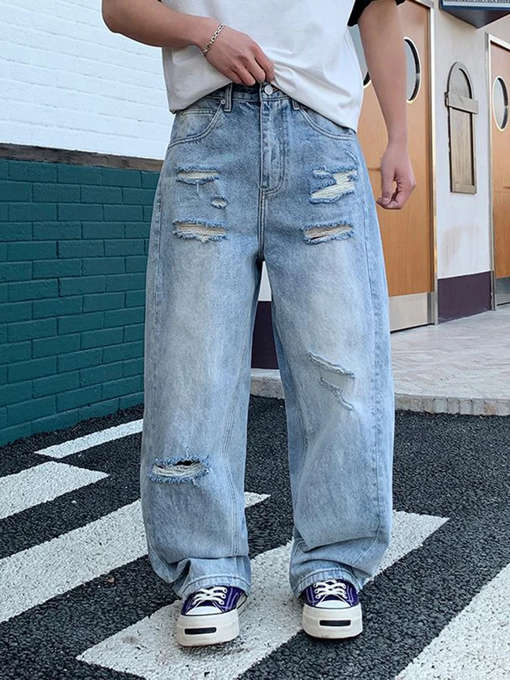 High-End Light-Colored Ripped Jeans for Men Spring/Autumn Style American High Street Fashion Straight Loose Fit Trendy Suitable for Parties and Gath