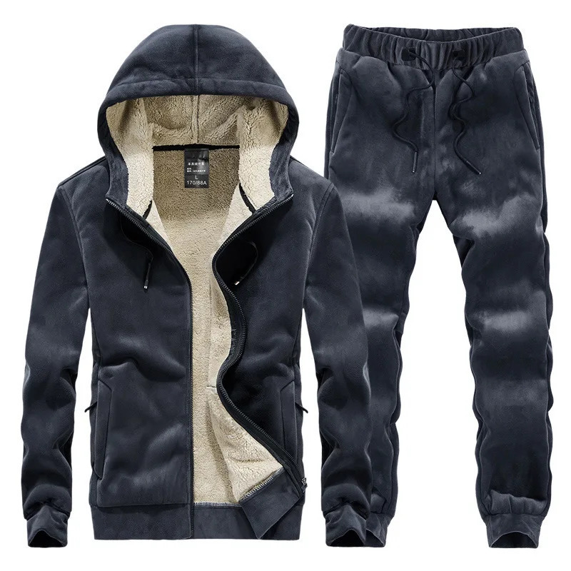 Mens Winter Fleece Hoodie Zipup Velvet Jacket with Stretch Drawstring Warm Pants Twopiece Casual Sports Set 261016