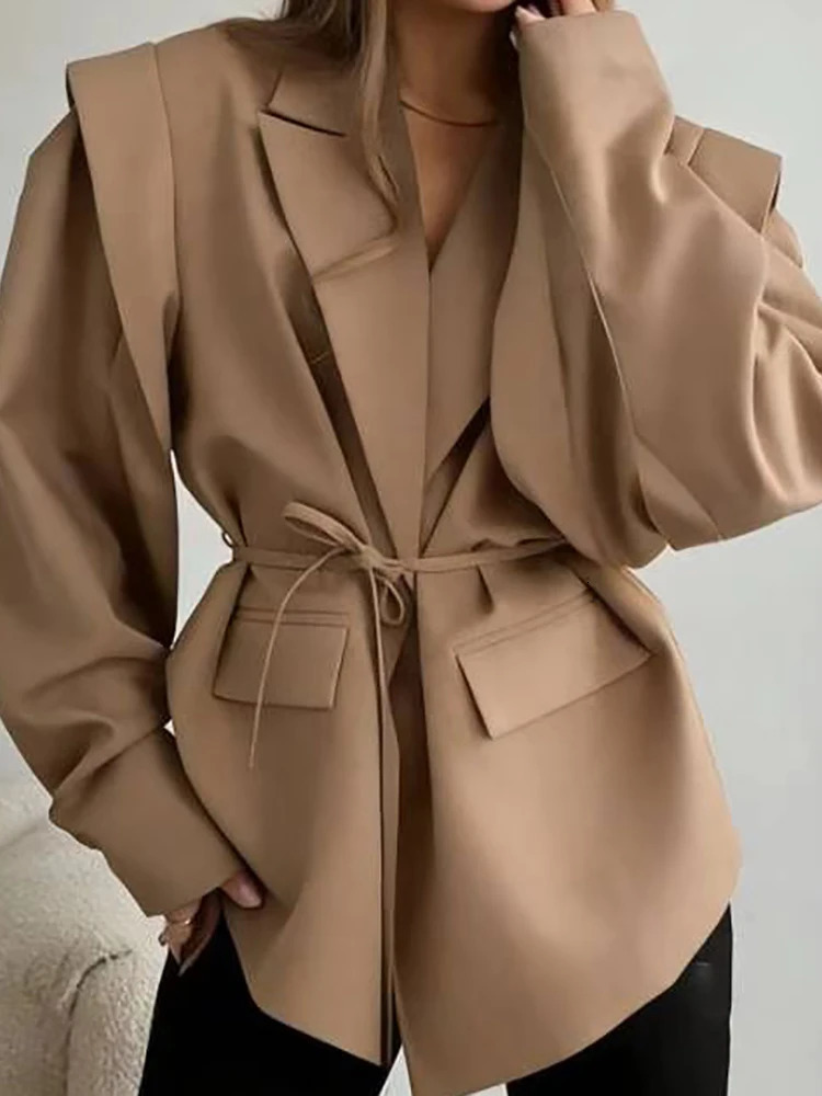 Single Button Solid Turn-Down Collar Jackets Women's Chic Long Sleeve Lace-Up Coats Autumn Winter Loose Fashion Ladies Outerwear 261016