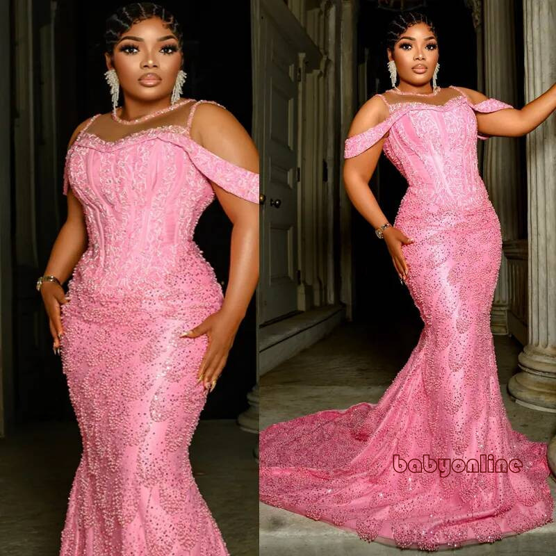 Plus Size Baby Pink Mermaid Prom 2027 Evening Dresses Illusion Crystals Party Dress Sequined Lace Formal For Black Women Birthday Gowns Am3666