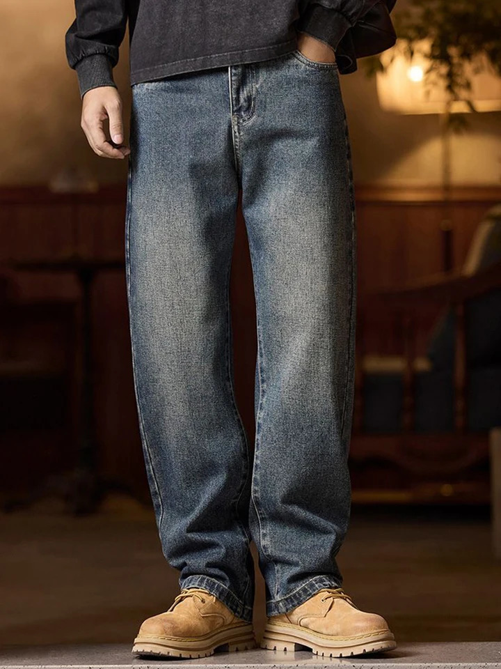 American Mens Y2K Retro Blue Denim Jeans Autumn Spring Relaxed Fit Korean Streetwear Casual Wideleg Pants with Spliced Pockets 261017