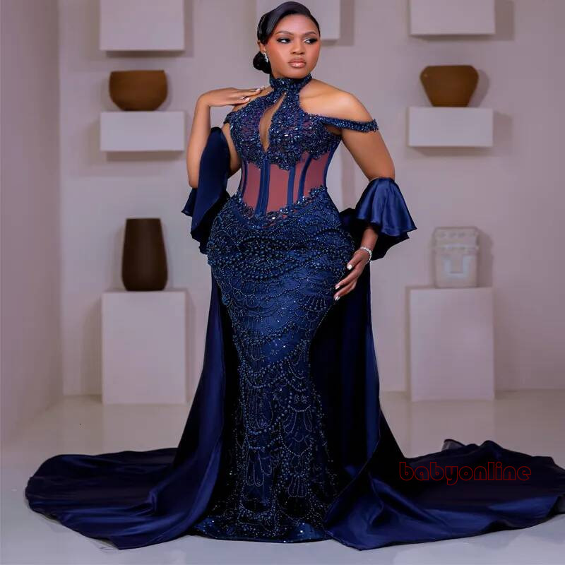 Plus Size Dark Navy Mermaid Prom Dress Evening Dresses Formal Gowns Halter Detachable Train Beaded Lace Crystals Birthday Second Reception Gown Am39