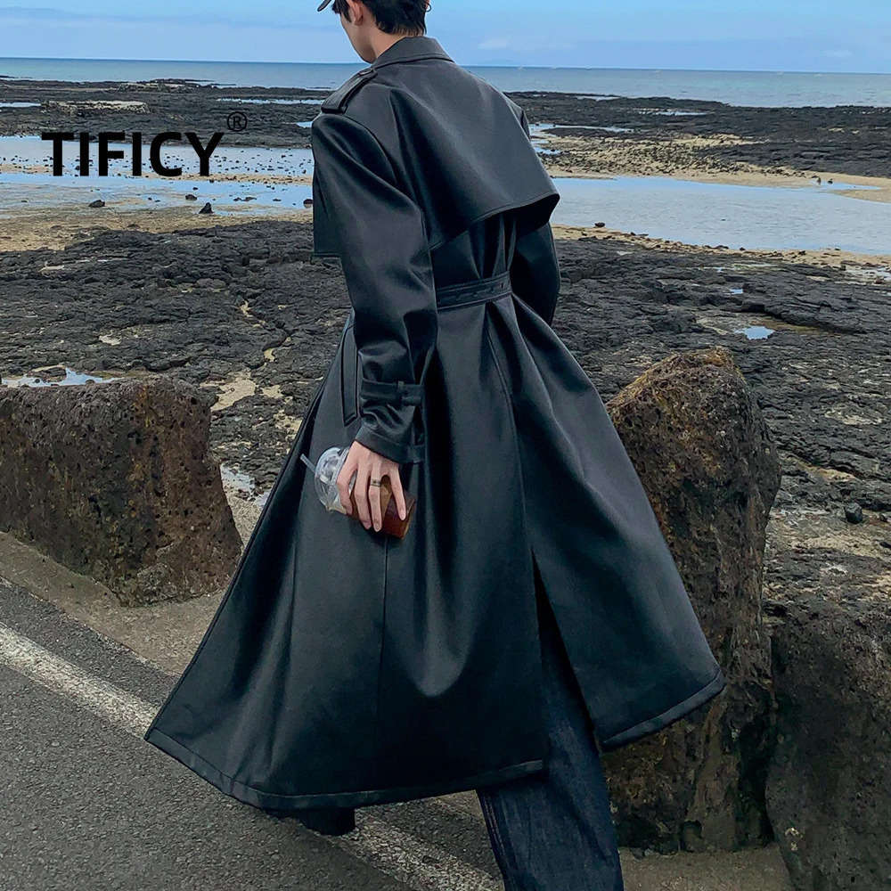 High Street Trench Coats Men's Black Gothic Style Korean Style Double Breasted Mid Length Leather Coat Jacket 261015