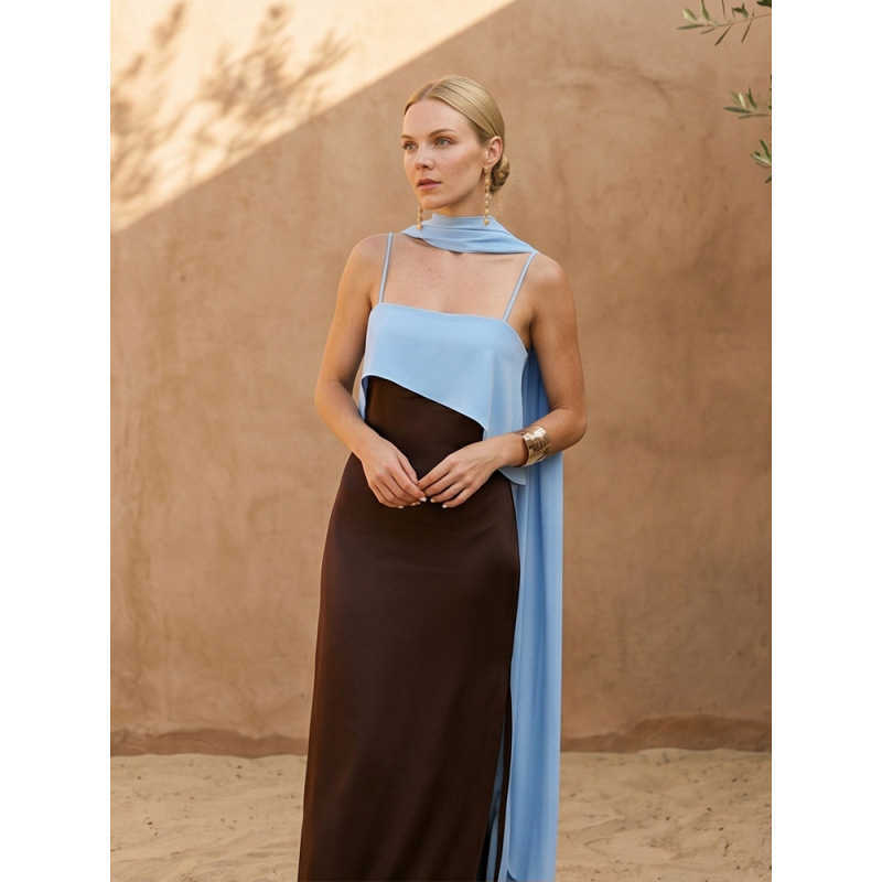 Women Luxury Designer Color Block Maxi Dress With Scarf Set Elegant Spaghetti Strap Sleeveless Evening Party Dresses Resort Gown