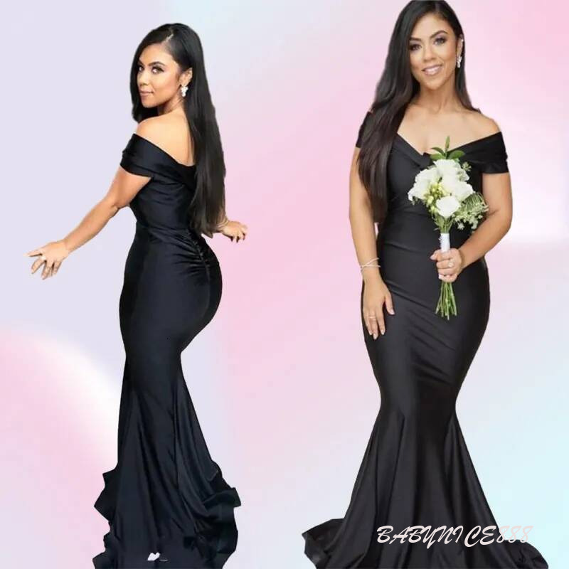 Black Country Style Mermaid Long Bridesmaid Dresses Plus Size Off Shoulder Floor length Garden Maid of Honor Wedding Party Gowns