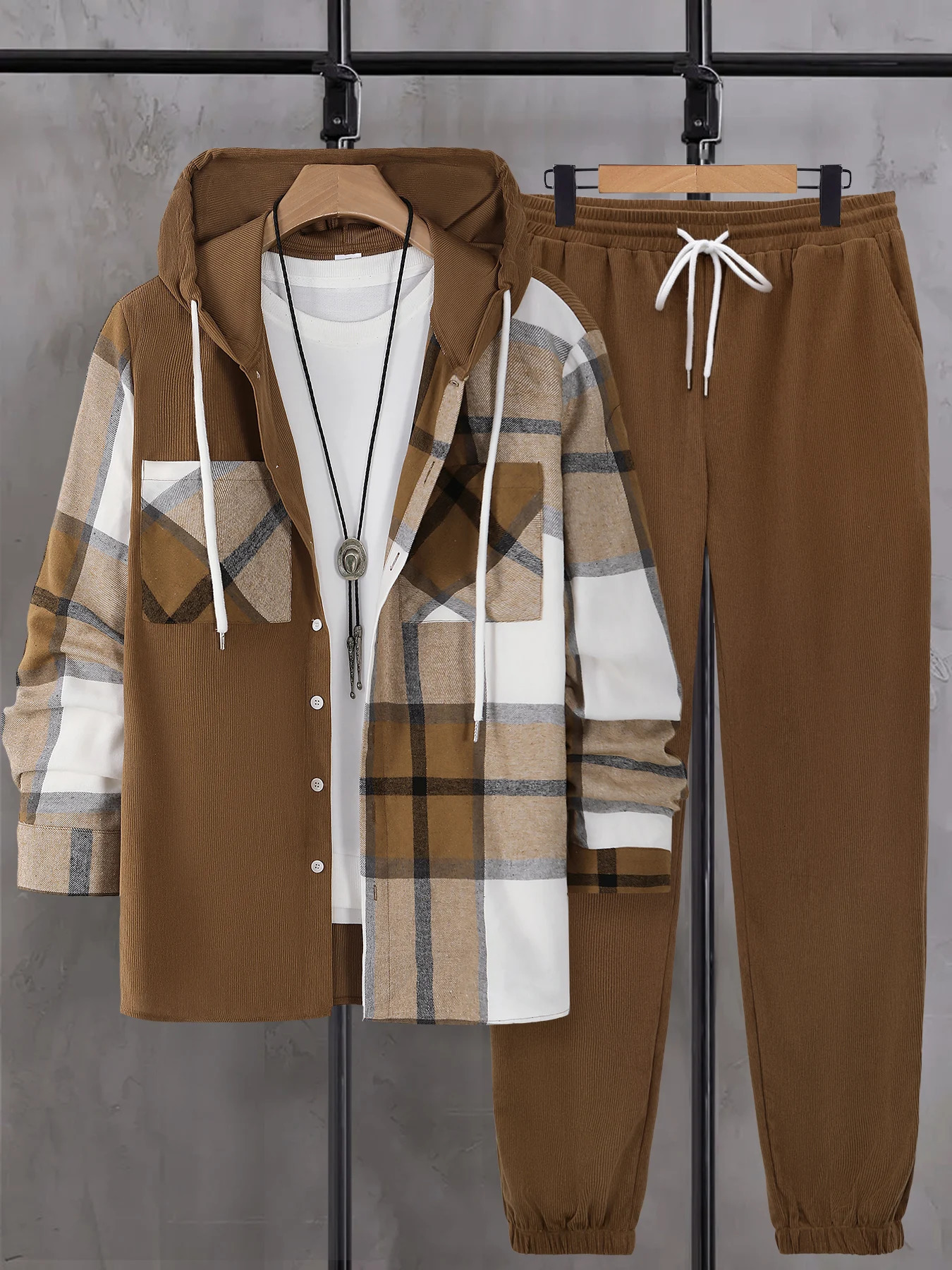 Mens Autumnal Hooded Set with Plaid Patchwork Jacket Drawstring Trousers Trendy ThreePiece Ensemble 261017