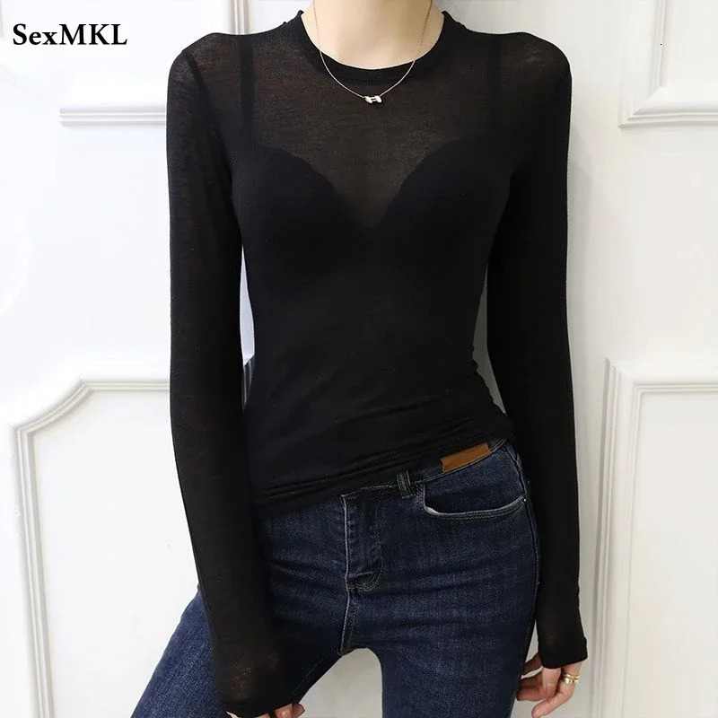 Basic Spring Summer T Shirts Women Long Sleeves Transparent Tee Shirt High Elastic Breathable Sexy T-shirt See Through Top 261015