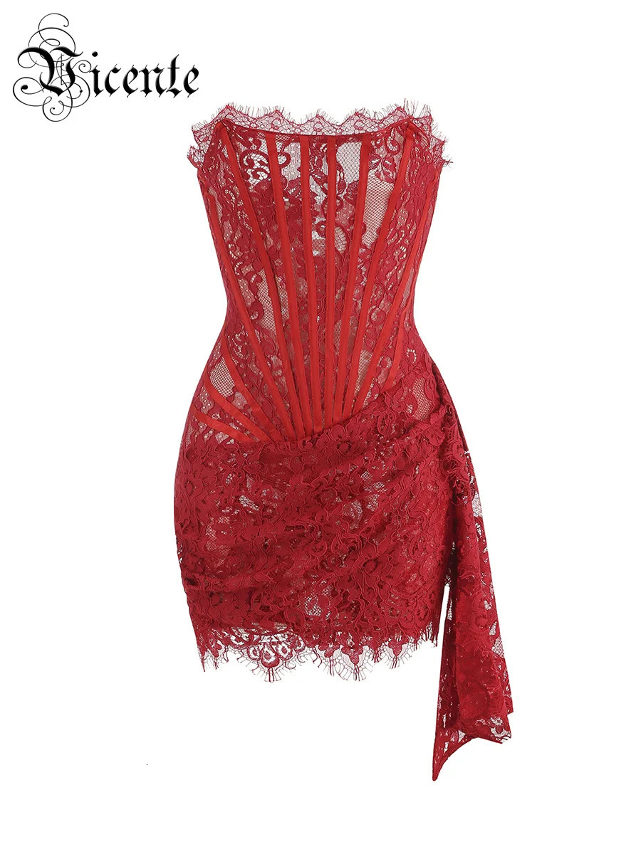 VC Christmas Dress For Women Red Lace Sexy Strapless Sleeveless Slim Supper Short Dress With LaceUp 261016