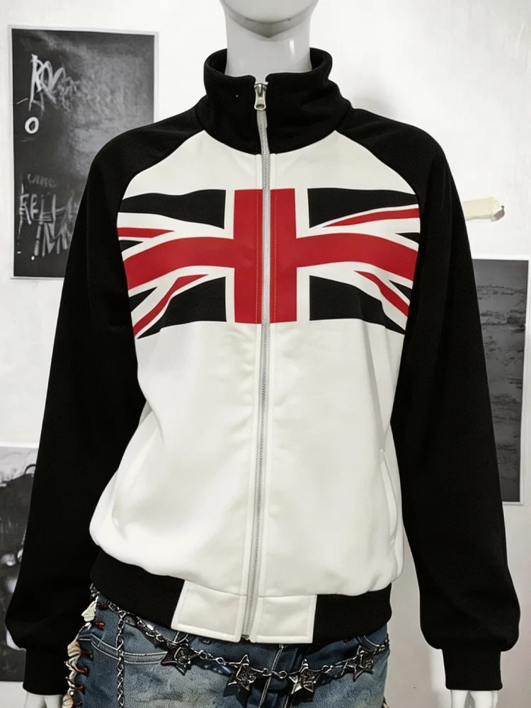 Autumn Winter Unisex Y2K Subculture Aesthetic Union Jack Print Hoodie ZipUp Collar Color Blocking Long Sleeve Sweatshirt 261016