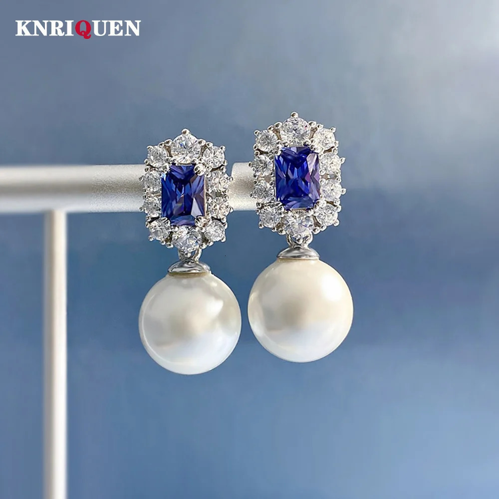 Vintage 100% 925 Silver 12mm Pearl Sapphire Drop Earrings for Women Lab Diamond Gemstone Wedding Fine Jewelry Gifst 261016